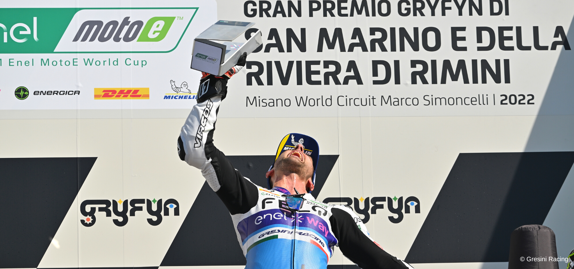 Matteo Ferrari on the final podium of the MotoE World Cup 2022