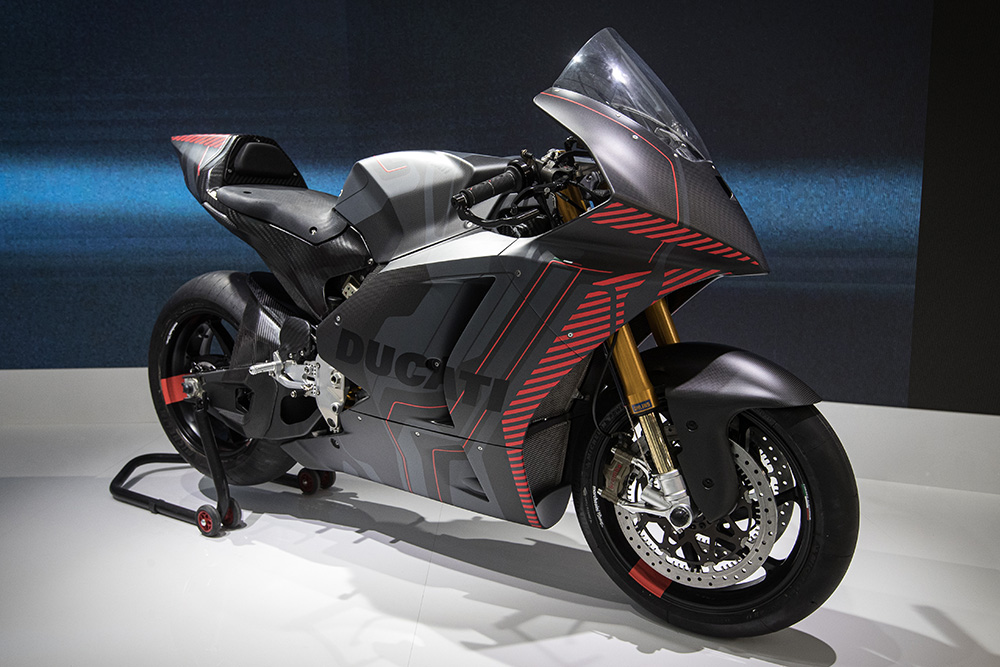 La MotoE 2023 on display at the Ducati stand at EICMA 2022