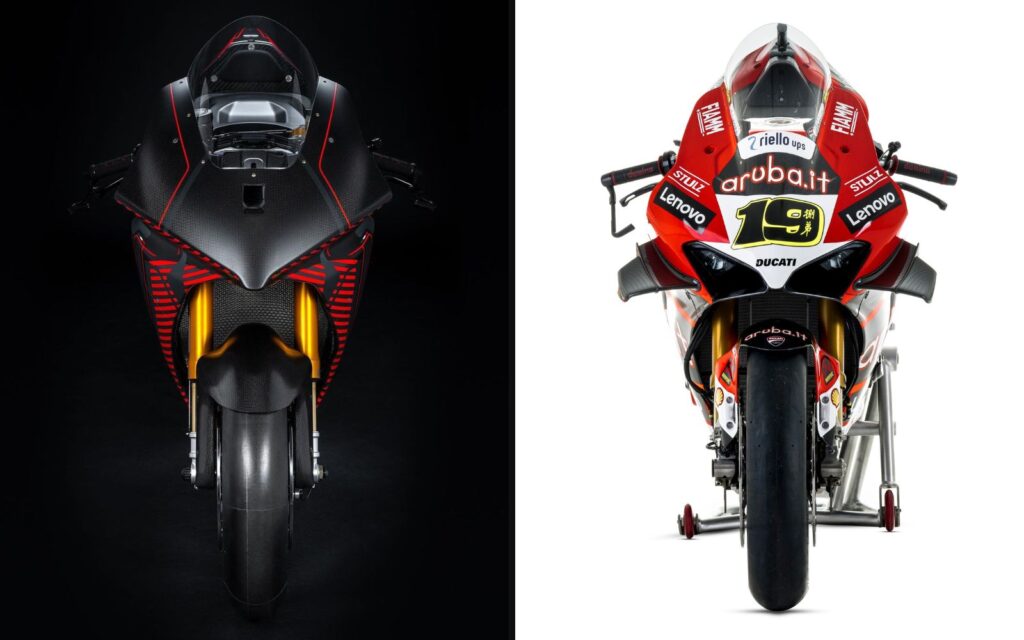The front of the Ducati MotoE and the Ducati Superbike in comparison