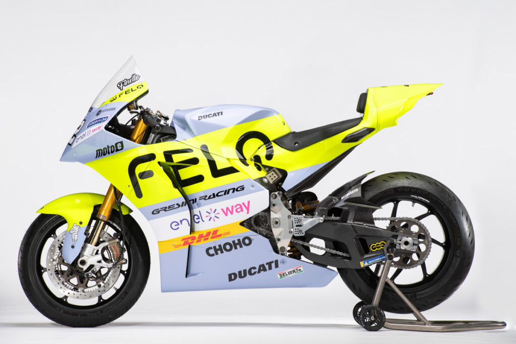 La Ducati MotoE nella livrea 2023 del team FELO Gresini Racing