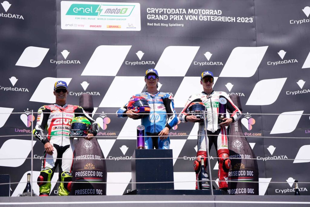 Il podio di Gara 1 della MotoE in Austria