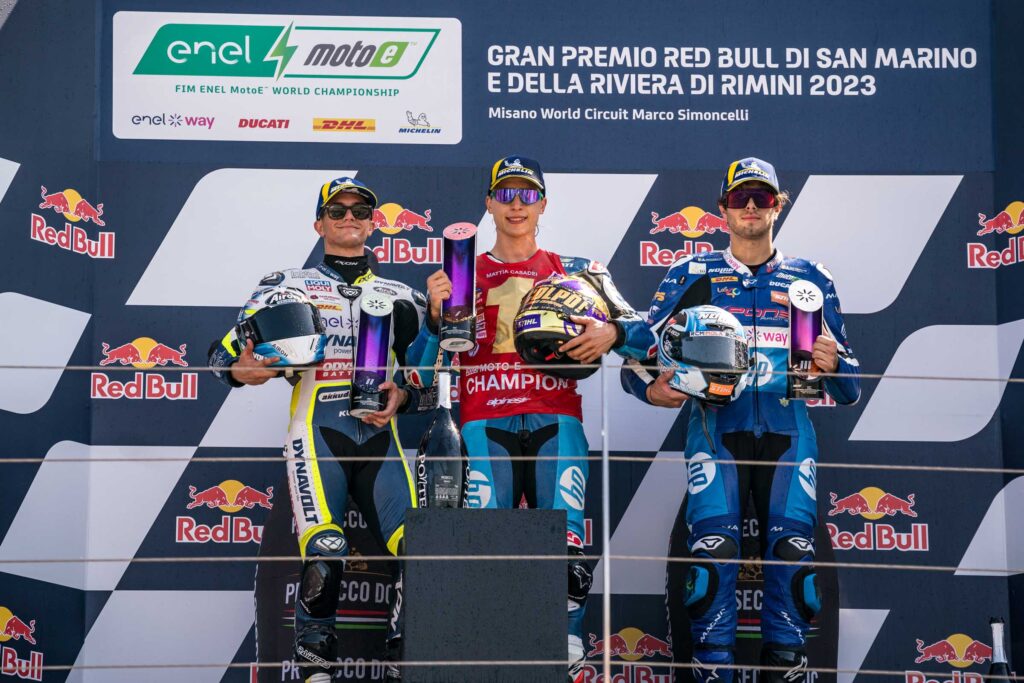 Il podio di Gara 1 della MotoE a Misano: Casadei (1), Garzò (2) e Spinelli (3)